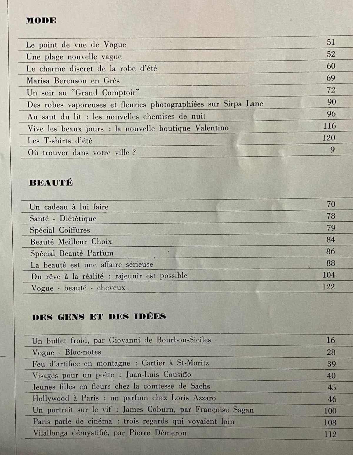 Table of contents from Vogue Paris Magazine May 1975 featuring sections on fashion, beauty, and cultural commentary relevant to the era.