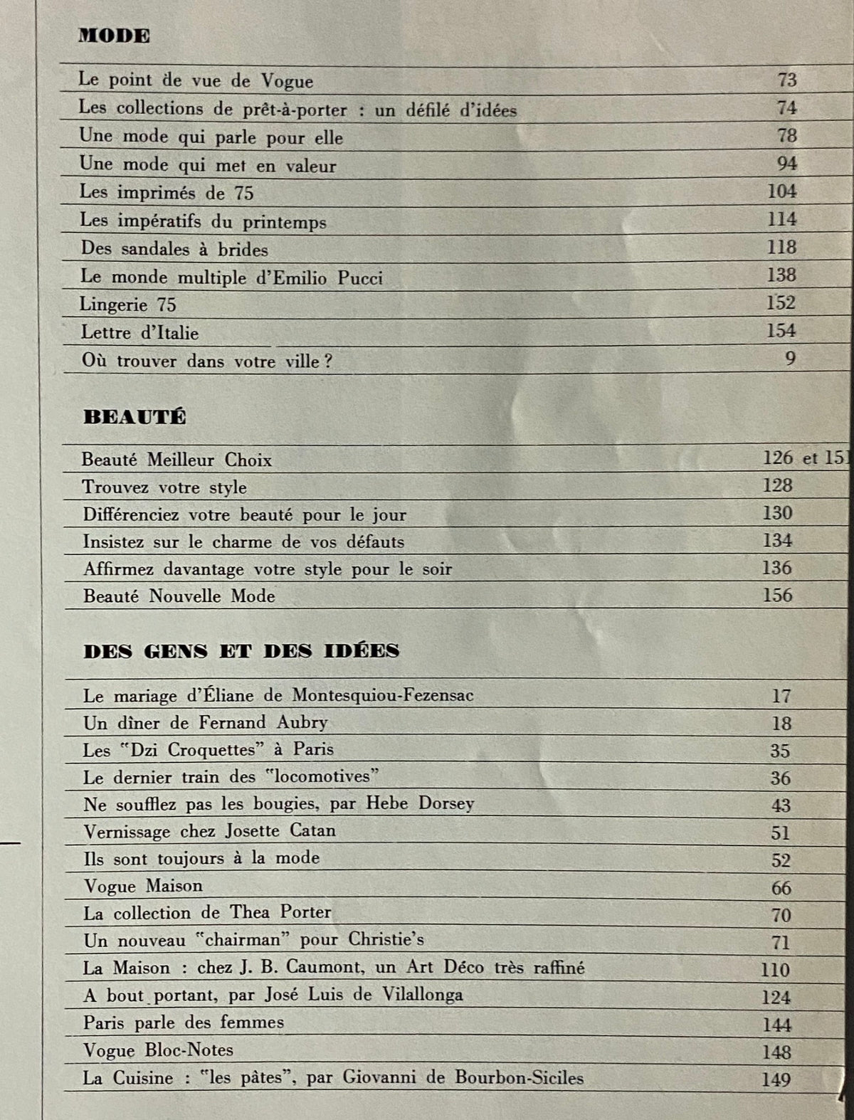 Table of contents from Vogue Paris Magazine February 1975, detailing fashion and beauty articles, including sections on prêt-à-porter collections and lifestyle in the 1970s.