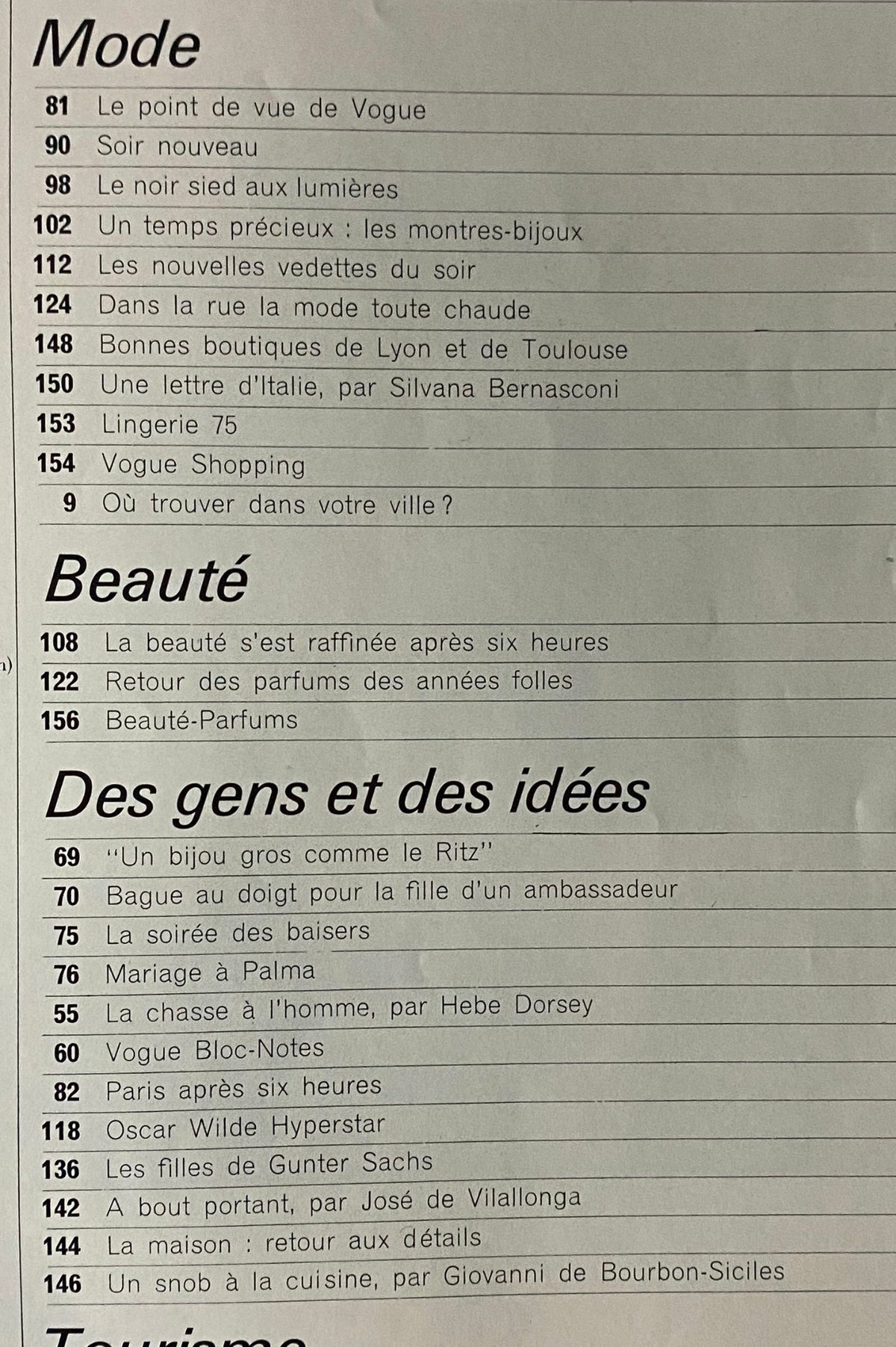 Table of contents page from Vogue Paris Magazine November 1974 listing fashion articles, beauty features, and cultural topics, highlighting the issue's vintage charm.