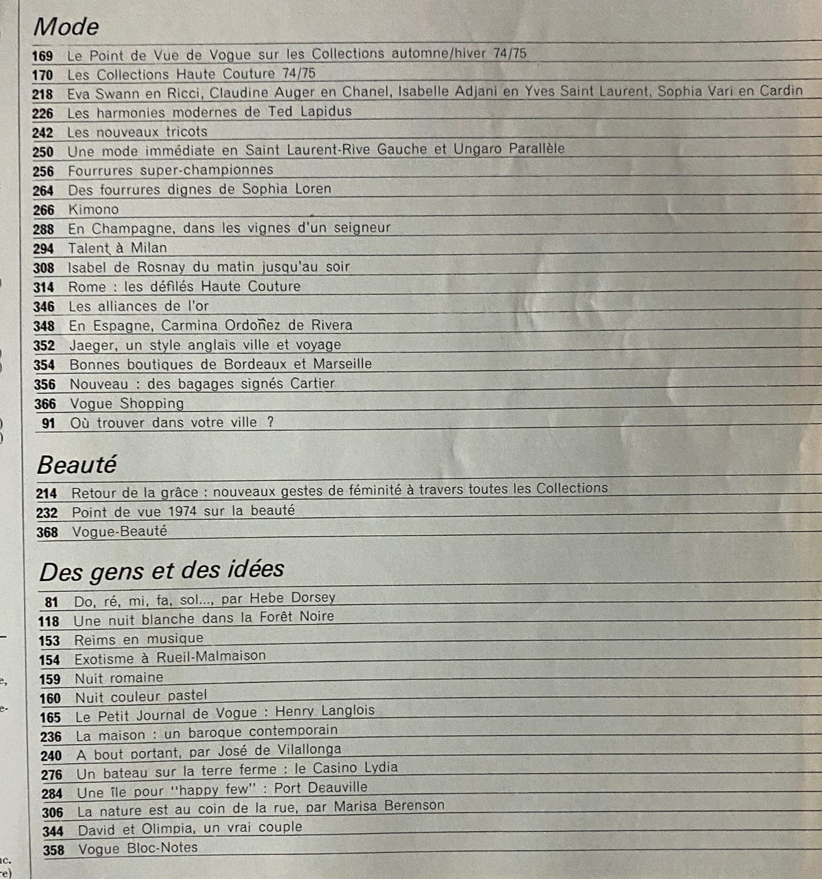Interior page of the Vogue Paris Magazine September 1974, listing articles and features on fashion and beauty for the autumn/winter collections.