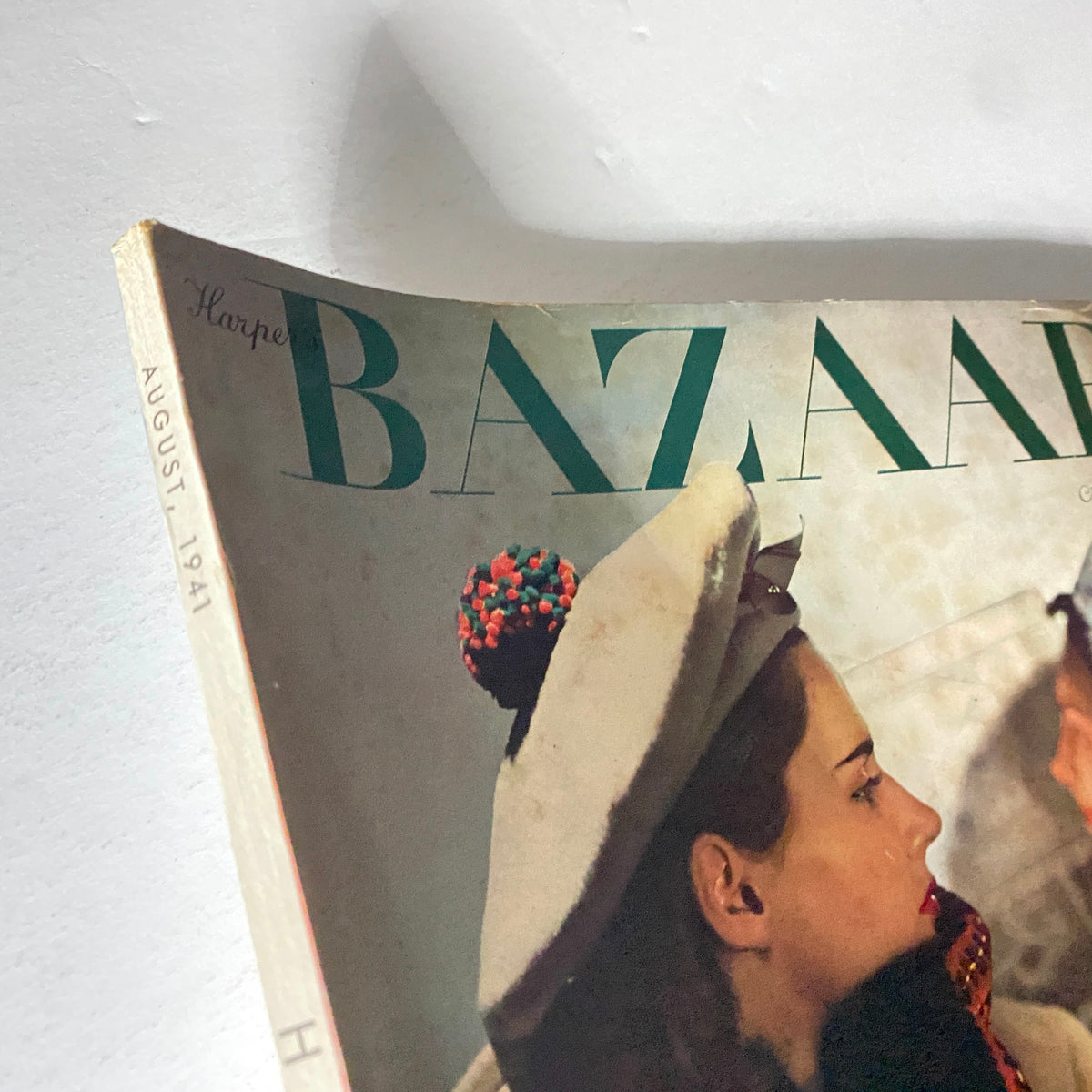 Close-up of the cover of Harper's Bazaar Magazine August 1941, highlighting the publication date and the title 'BAZAAR' in a vintage style.