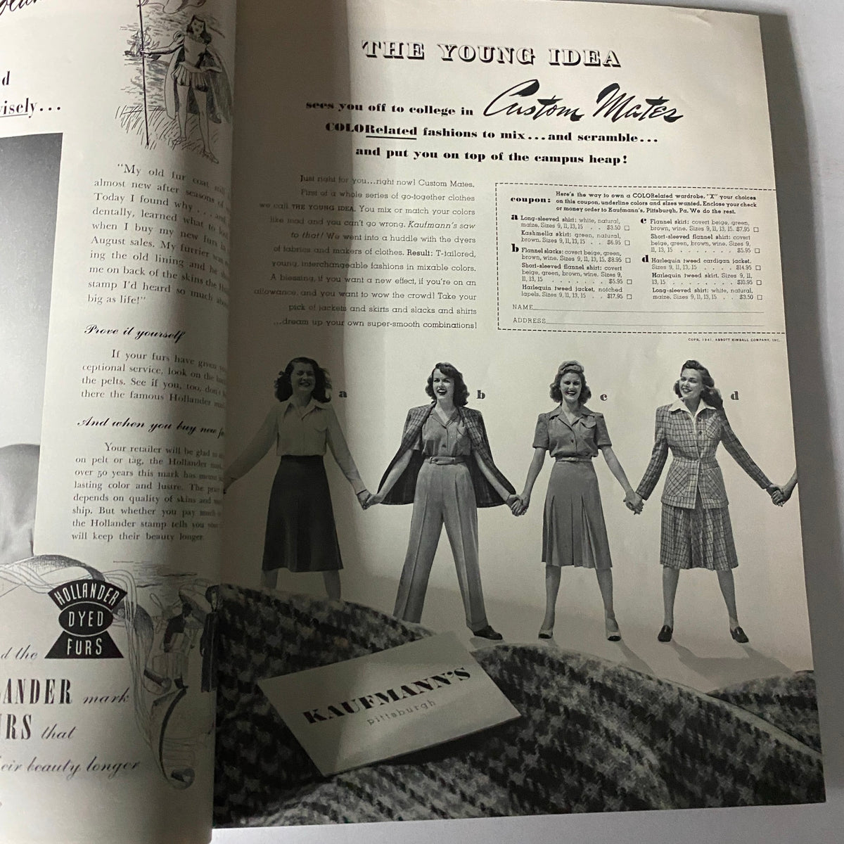 Fashion spread from Harper's Bazaar Magazine August 1941, featuring women in stylish outfits, highlighting college fashion trends of the time.