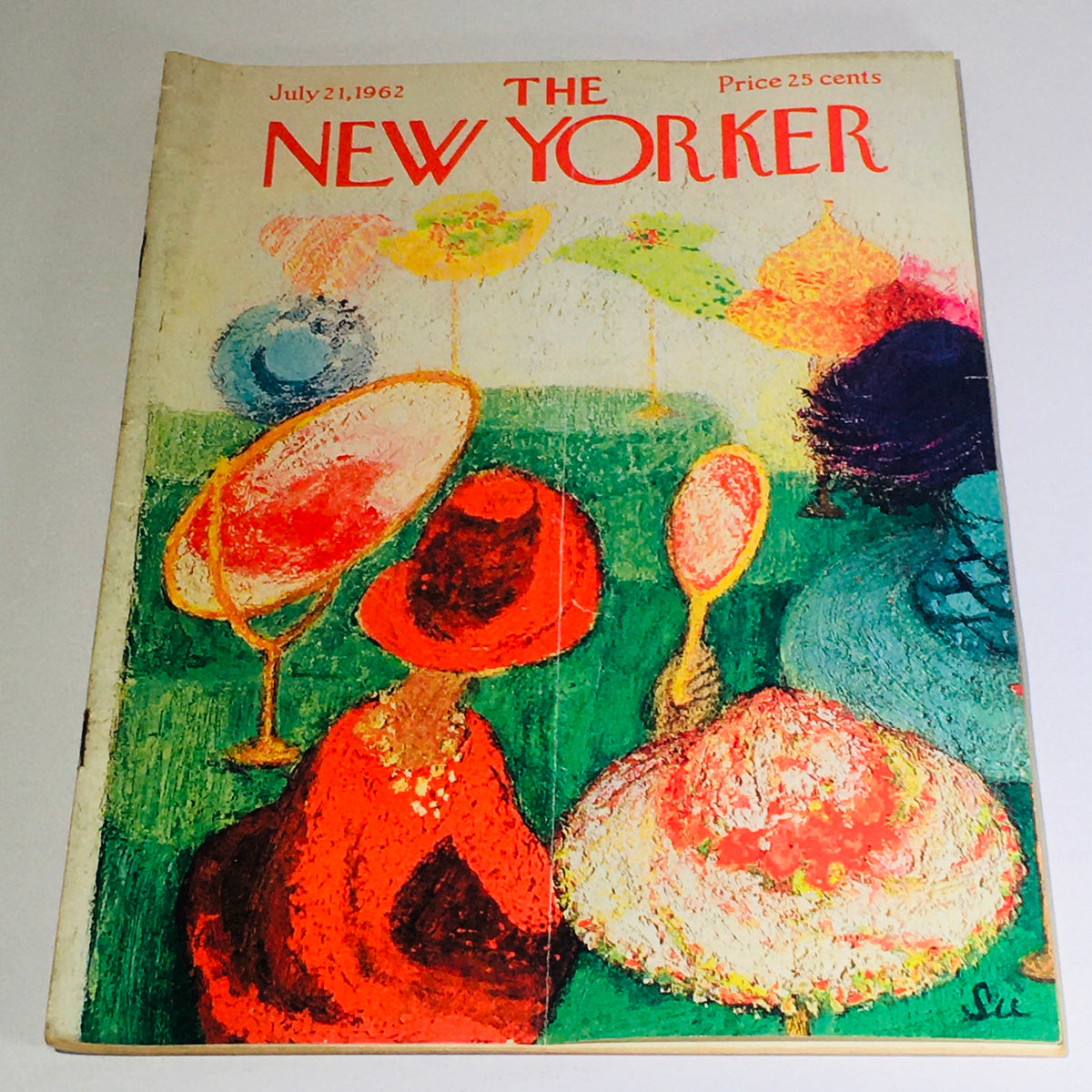 Cover of The New Yorker July 21, 1962 magazine featuring a vibrant and artistic illustration by Su Zeigler, depicting figures with colorful hats surrounded by whimsical elements.