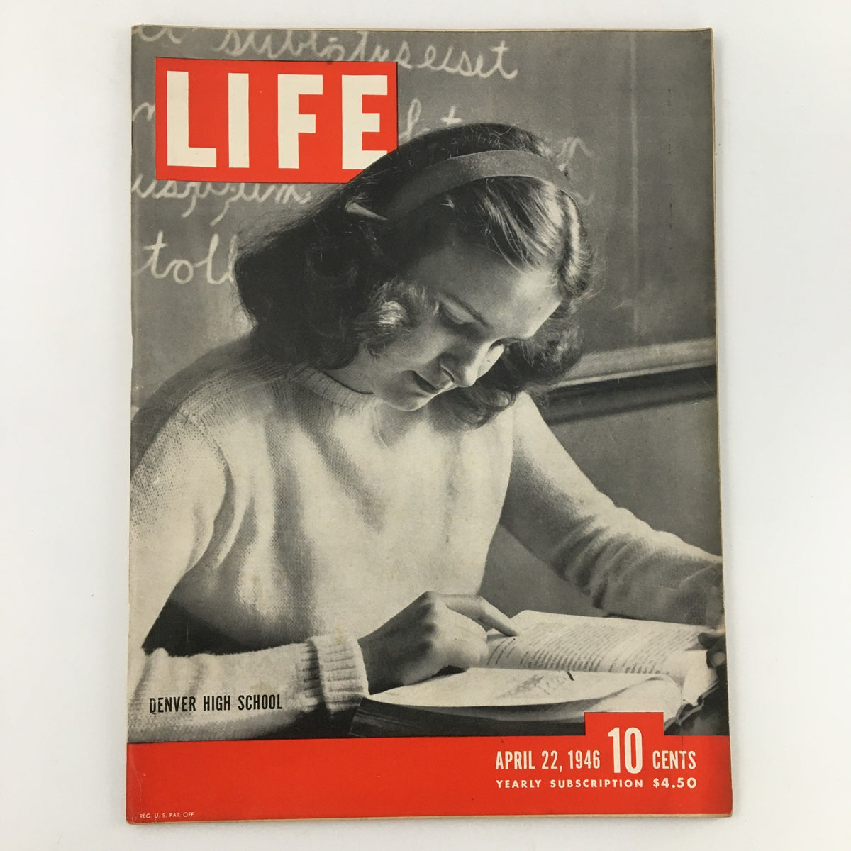 VTG Life Magazine April 22 1946 featuring Denver High School on the cover, showcasing a woman studying with a book, embodying mid-20th century American educational culture.
