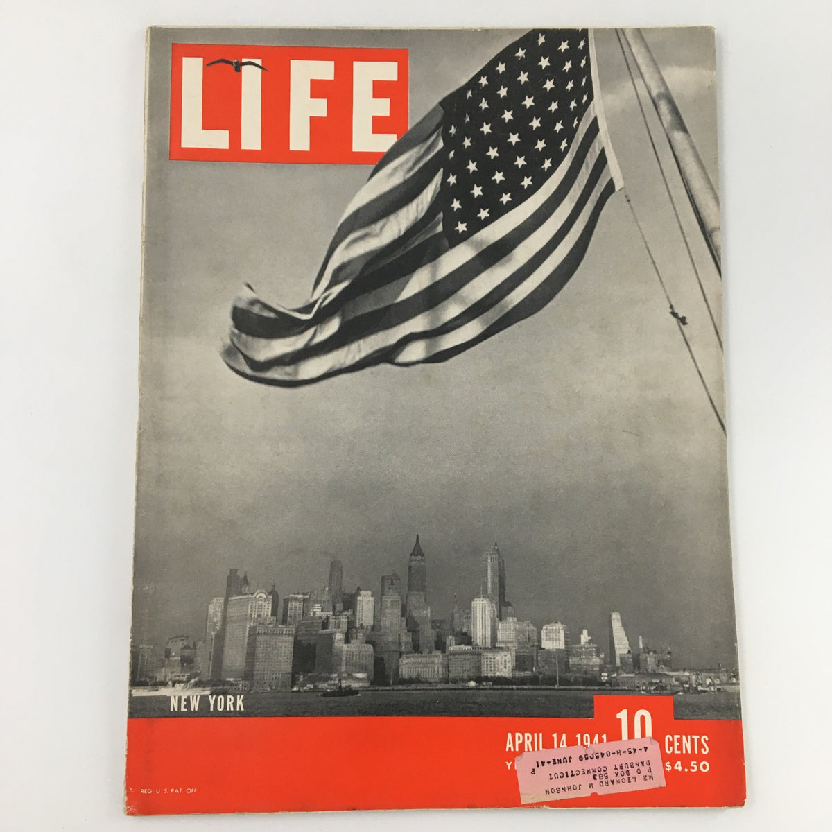 VTG Life Magazine April 14 1941 cover featuring a photograph of the New York City skyline with an American flag in the foreground.