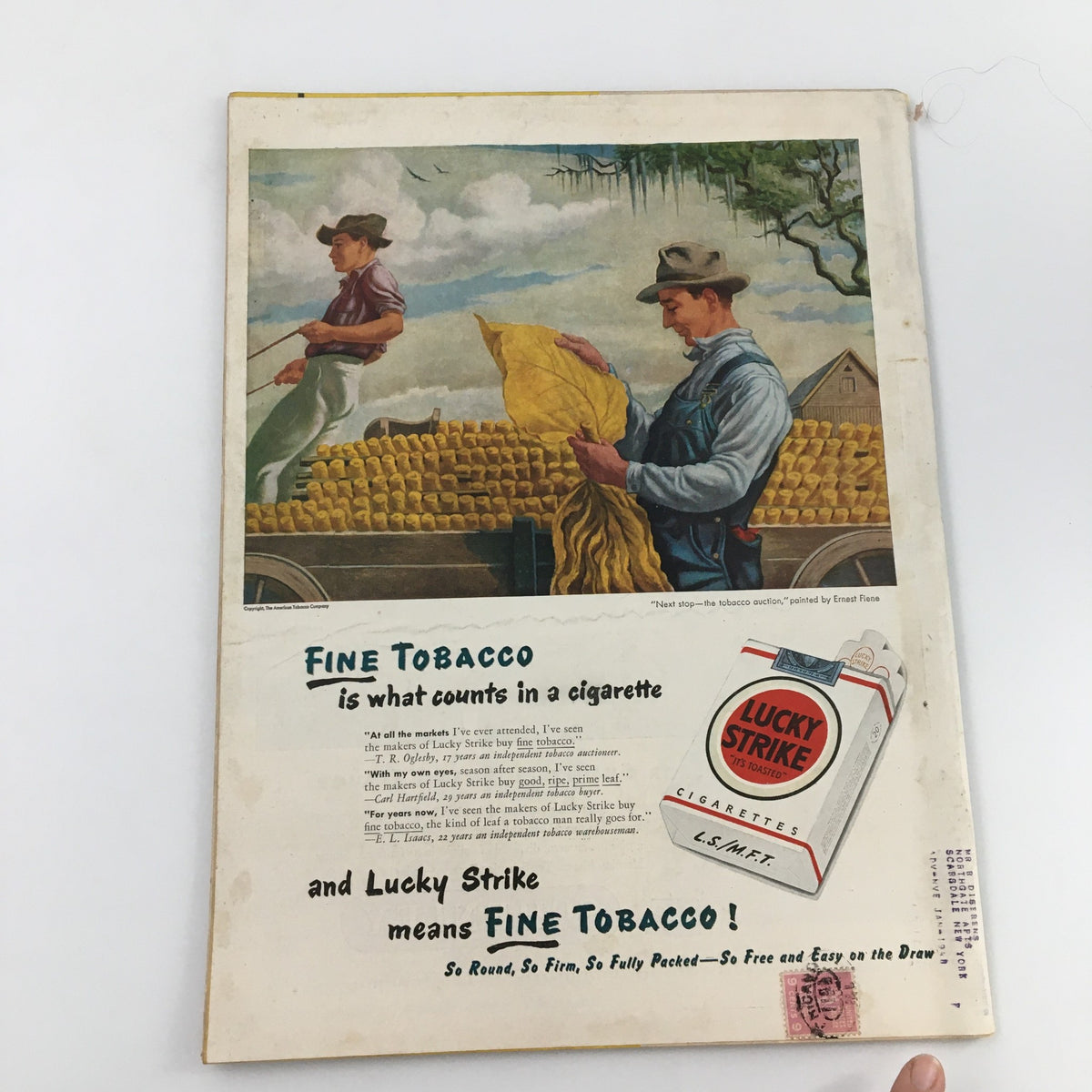 Back cover of VTG Life Magazine June 23 1947 showcasing an advertisement for Lucky Strike cigarettes, featuring an illustration of farmers with tobacco leaves. This magazine captures a blend of vintage advertising and mid-20th century Americana.