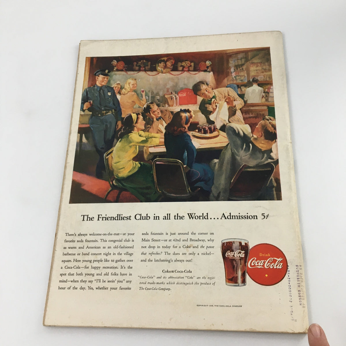 Back cover of VTG Life Magazine May 6 1946, featuring a colorful Coca-Cola advertisement with people enjoying a soda fountain.