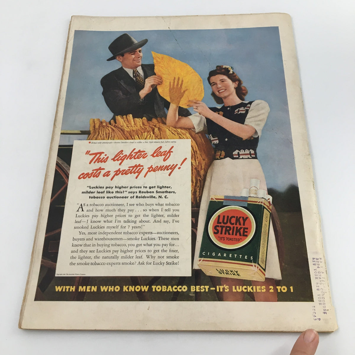 Back cover of the June 23, 1941 issue of Life Magazine featuring an advertisement for Lucky Strike cigarettes, illustrating the marketing style of the time. The ad promotes a lighter tobacco leaf, reflecting mid-20th century advertising techniques.