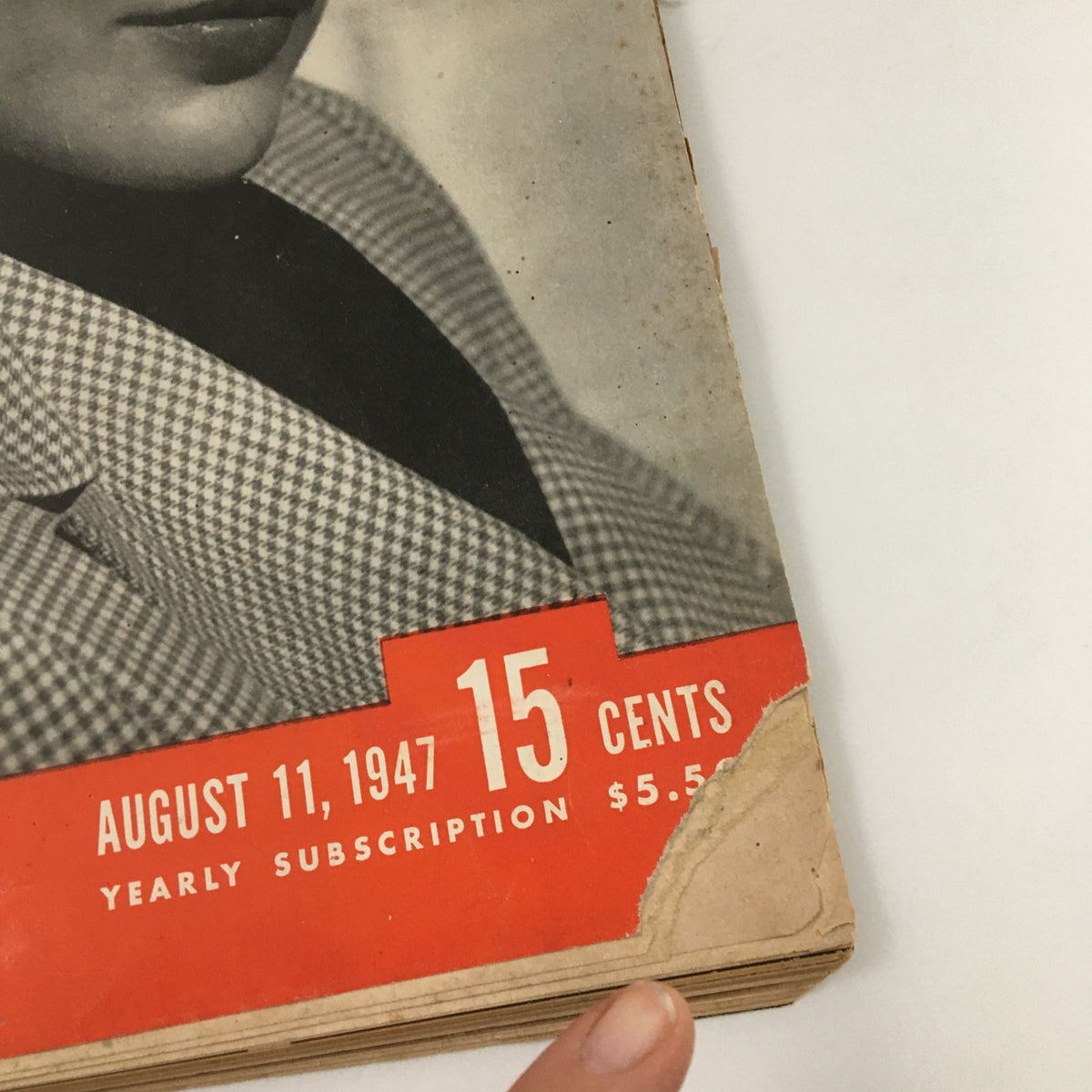 Close-up view of the cover of Life Magazine August 11, 1947 with a visible date and actress Ella Raines.