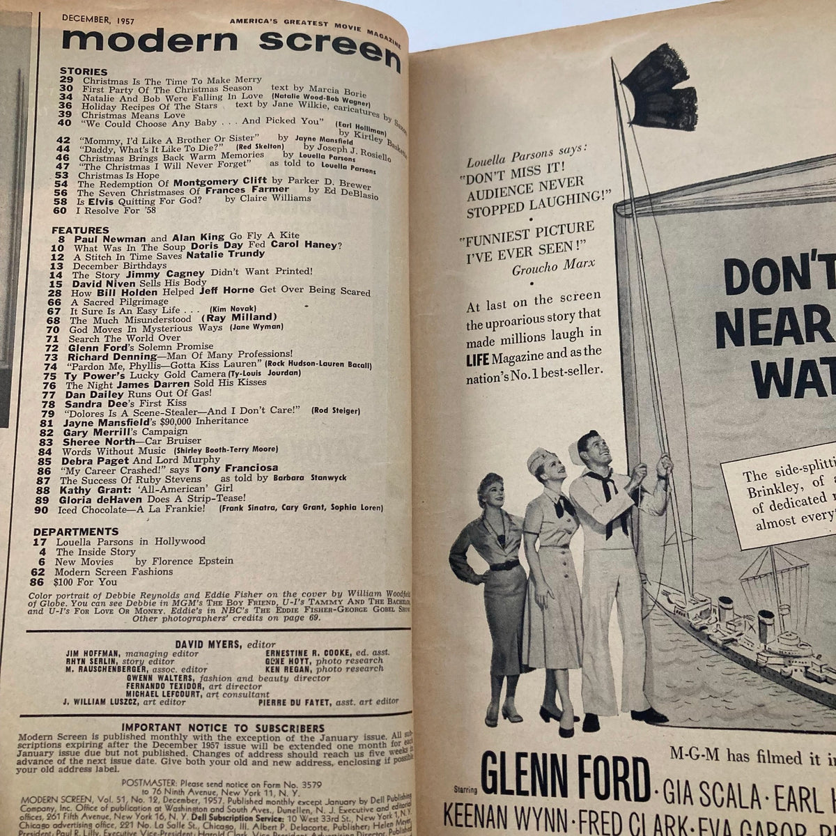Inside page of VTG Modern Screen Magazine December 1957 showcasing a table of contents with featured articles and highlights from the classic Hollywood era.