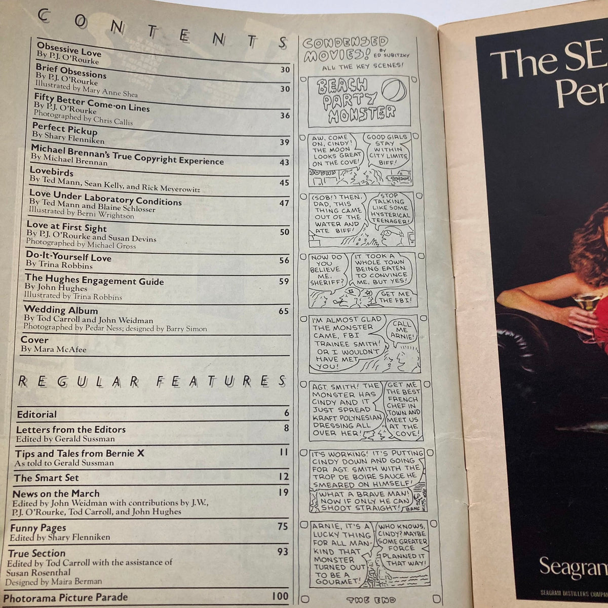 Table of contents from the National Lampoon Magazine November 1979 issue titled 'Obsessive Love', detailing featured articles and illustrations by various contributors, capturing the essence of 1970s humor.