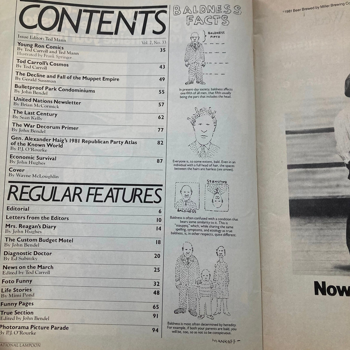 Contents page of Vintage National Lampoon Magazine April 1981 showcasing articles and features from Volume 2, Number 33.