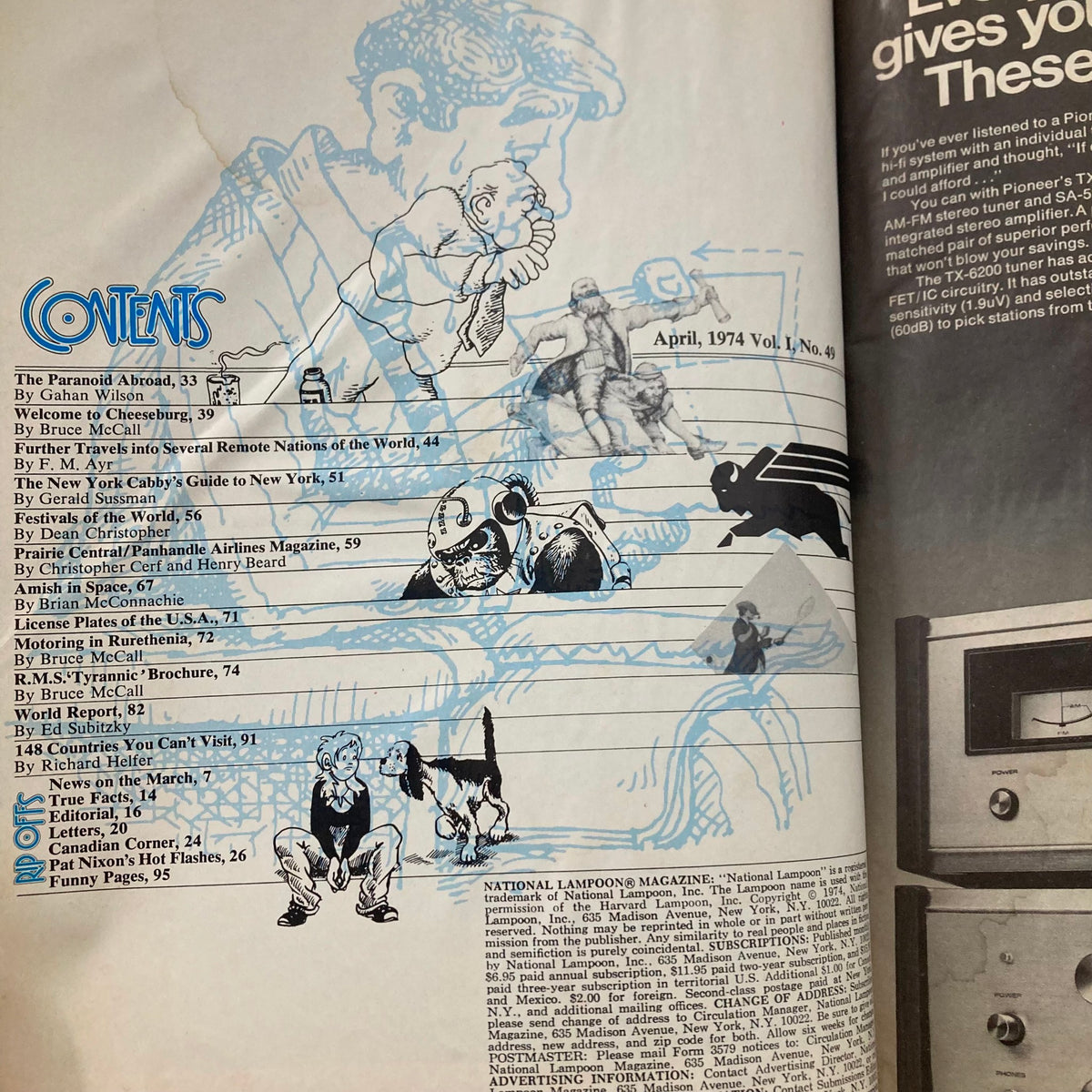 Inside page of Vintage National Lampoon Magazine April 1974, Vol 1 No 49 featuring the table of contents illustration and humorous artwork.