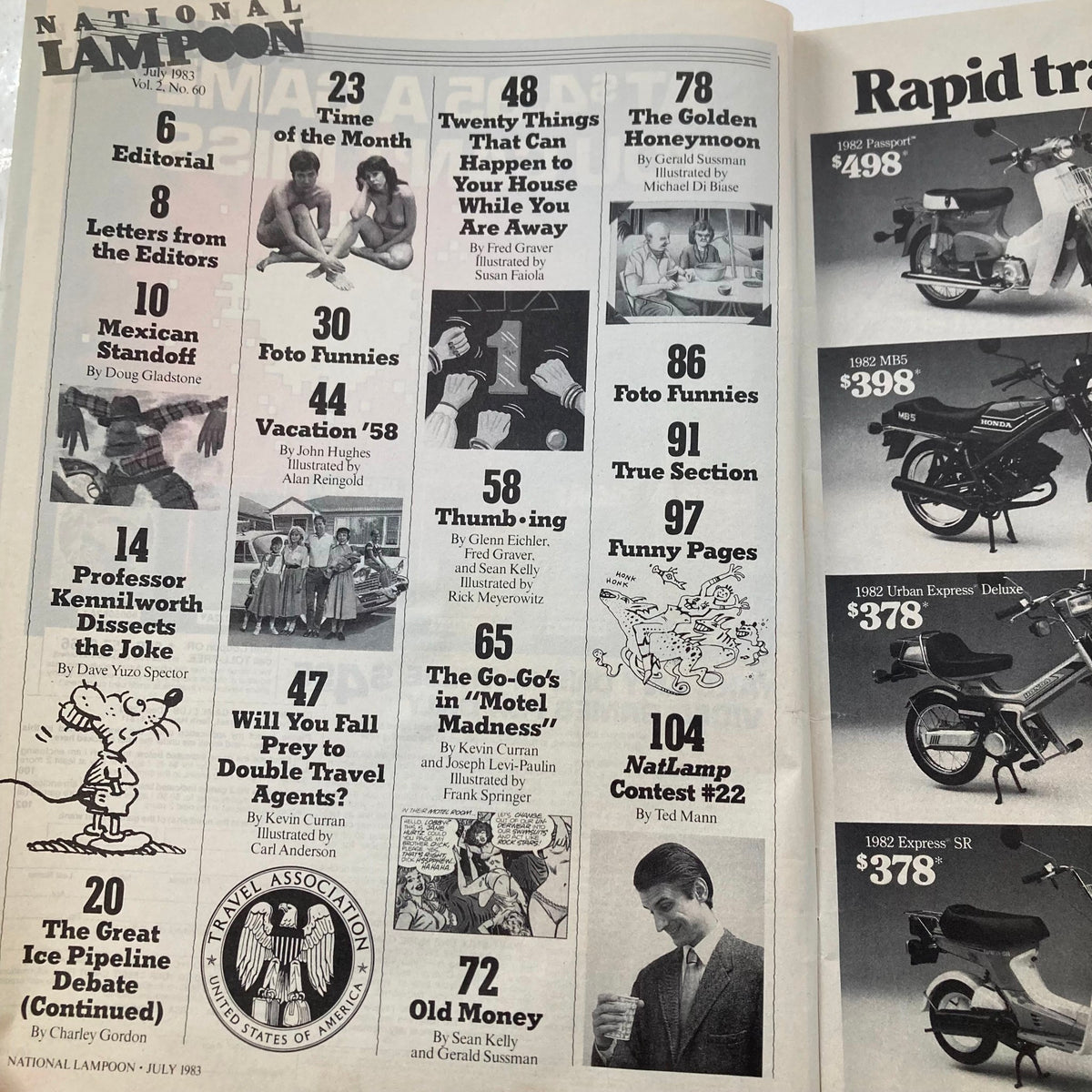 Interior page of the Vintage National Lampoon Magazine July 1983 Vol 2 No. 60 displaying a table of contents with humorous article titles including 'The Golden Honeymoon'.