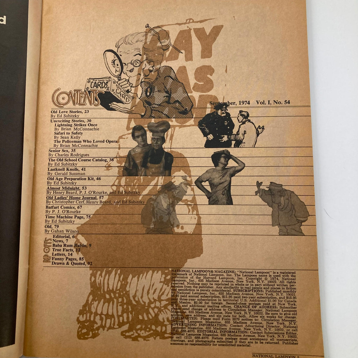 Inside page of Vtg National Lampoon Magazine September 1974 Vol 1 No 54, displaying the table of contents and illustrations from various articles.