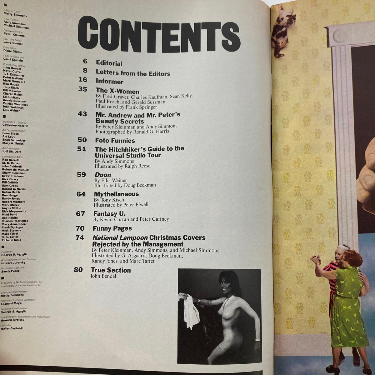 Inside page of VTG National Lampoon Magazine December 1984 featuring the table of contents with a spotlight on 'The X-Women' parody, including additional sections and illustrations.