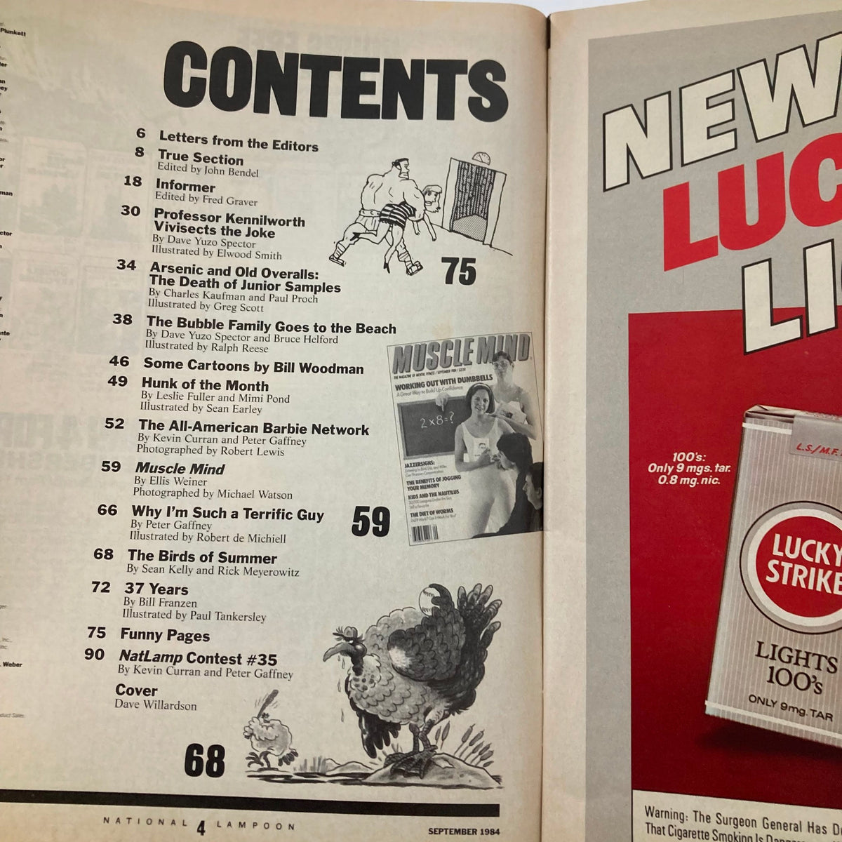 Contents page of the Vintage National Lampoon Magazine September 1984, detailing various articles and illustrations including 'Hunk of the Month' and 'Muscle Mind'.