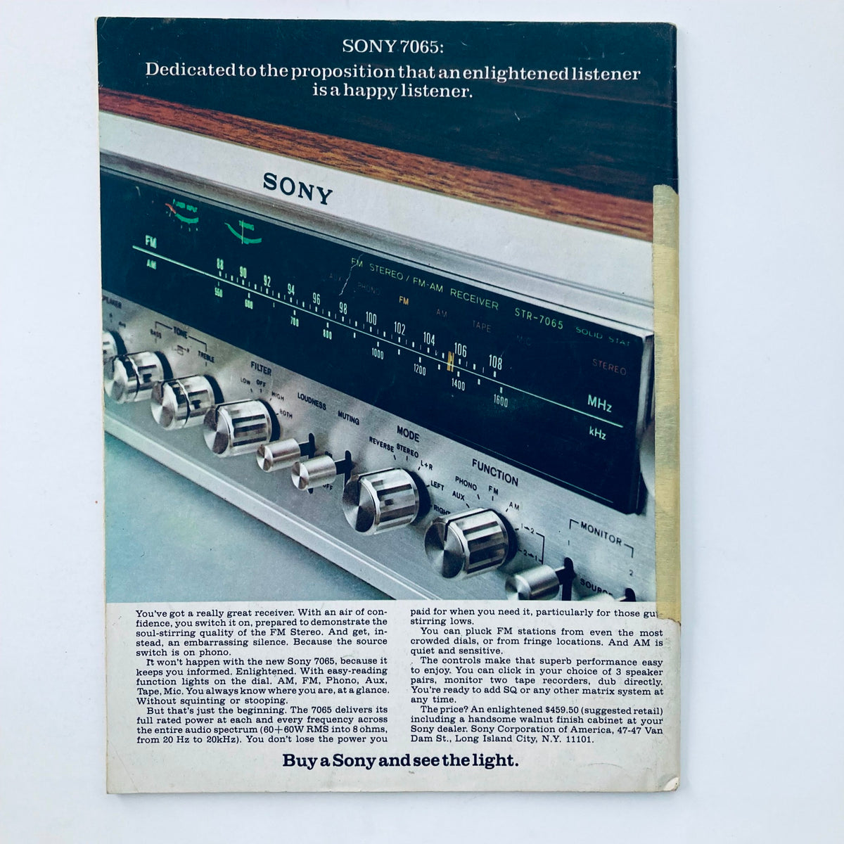 Back cover of the Vintage National Lampoon Magazine from March 1973 advertising the Sony 7065 stereo receiver, emphasizing the quality of sound and features, paired with vintage design elements.