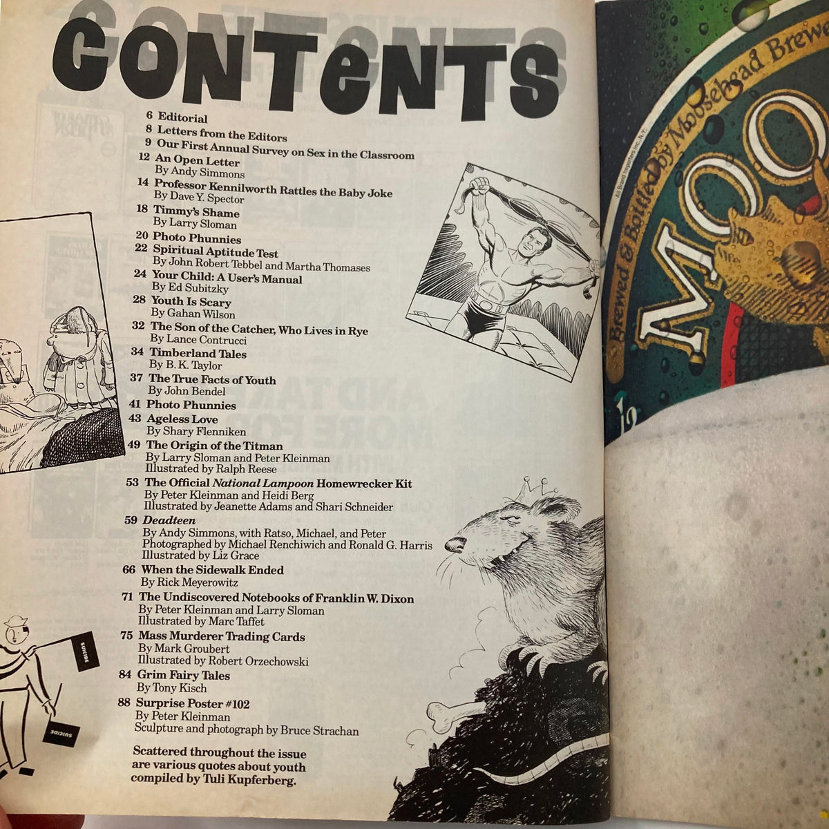 Contents page of the Vintage National Lampoon Magazine July 1985, listing articles and topics including comedy features and vintage pop culture.