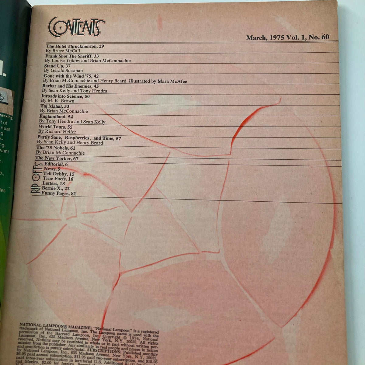 Contents page of Vintage National Lampoon Magazine March 1975, Vol 1 No 60, highlighting articles and features from that era.