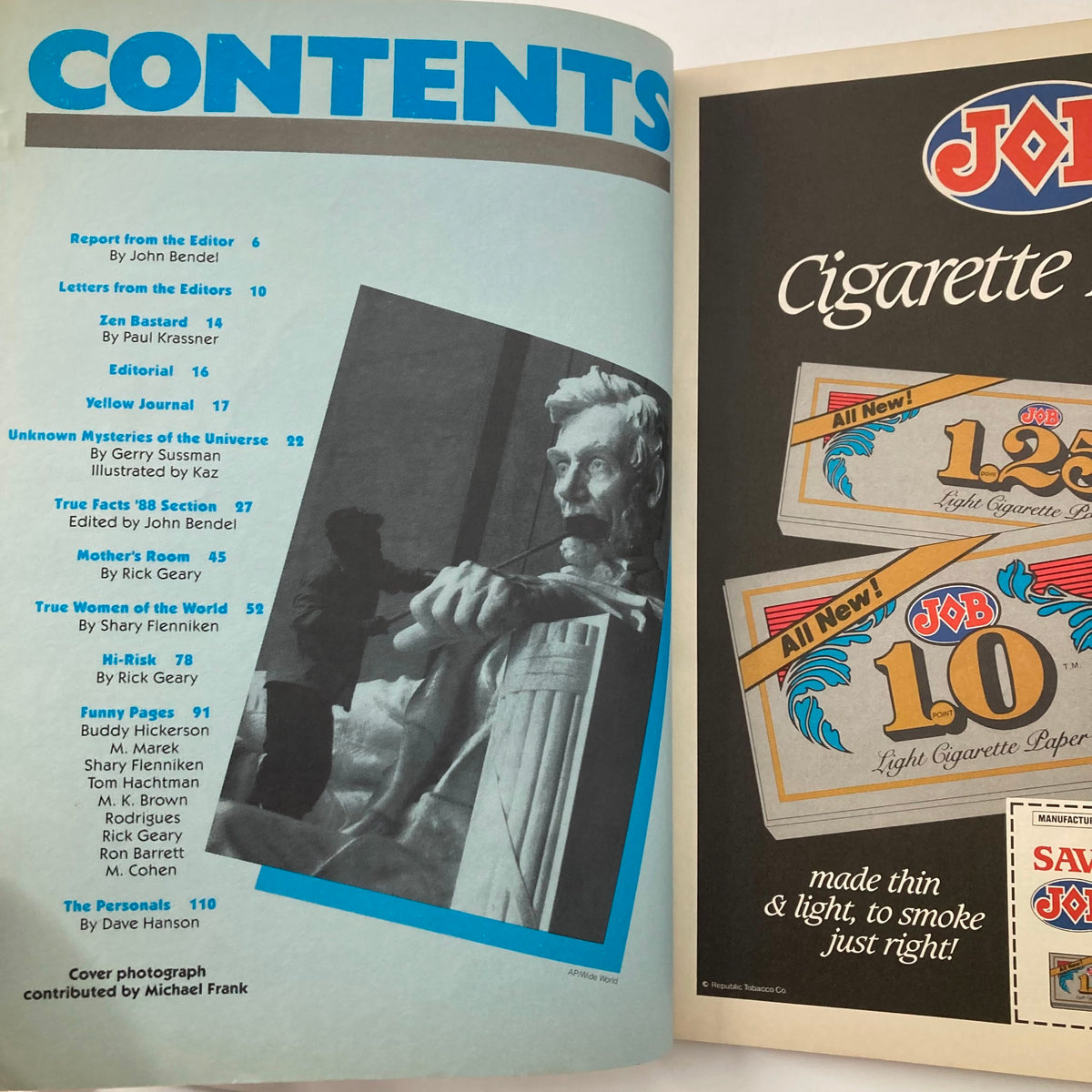 Contents page of the Vintage National Lampoon Magazine August 1988, highlighting articles including 'True Facts '88' with a distinctive blue design, ideal for fans of classic humor.