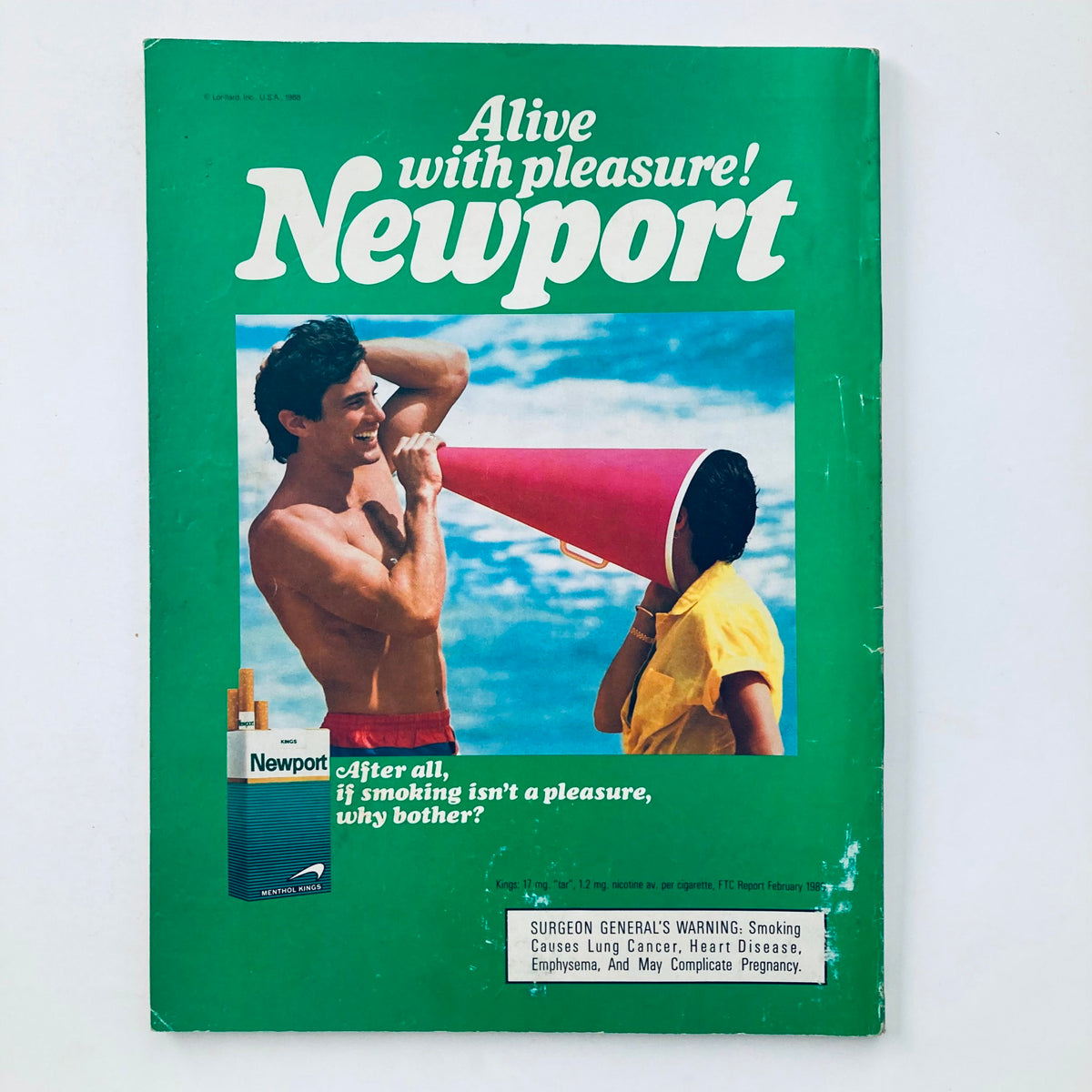 Back cover of the Vintage National Lampoon Magazine August 1988 displaying an advertisement for Newport cigarettes with vibrant colors and a beach scene, capturing the essence of 80s marketing.