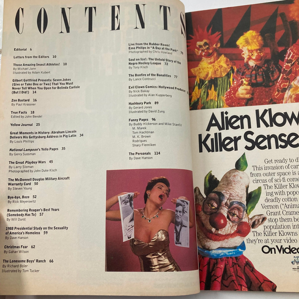 Interior page of VTG National Lampoon Magazine December 1988 titled 'The Playboy Wars', displaying the contents section with various articles, illustrations, and vibrant humor typical of the magazine's style.