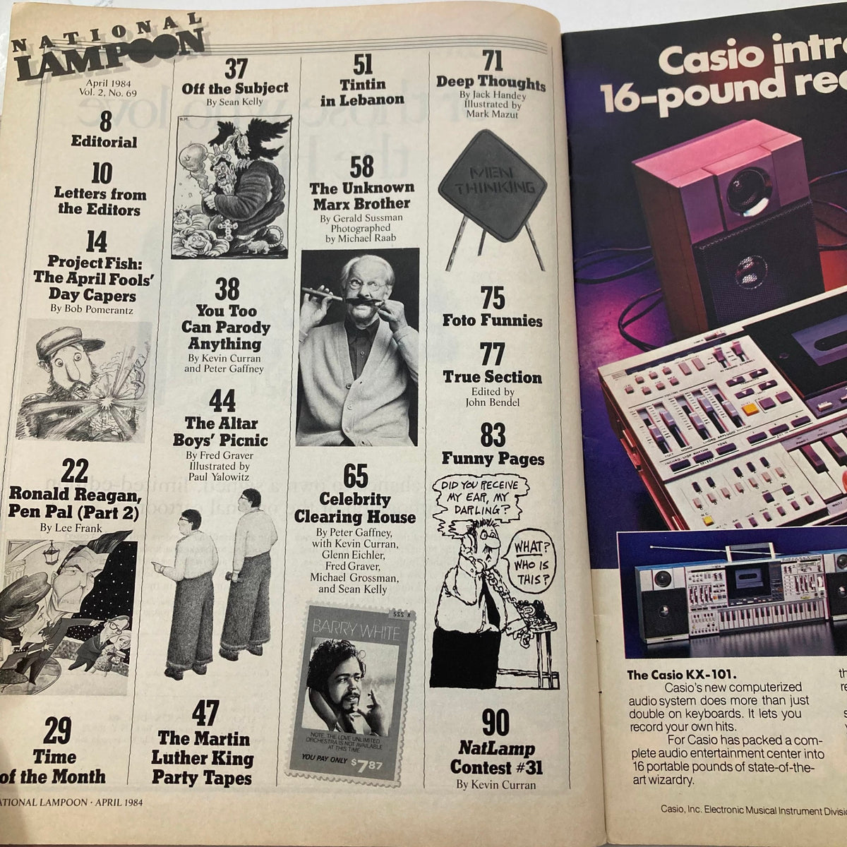 Interior page from Vintage National Lampoon Magazine, April 1984, Vol 2 #69 displaying the table of contents along with humorous illustrations and article titles.