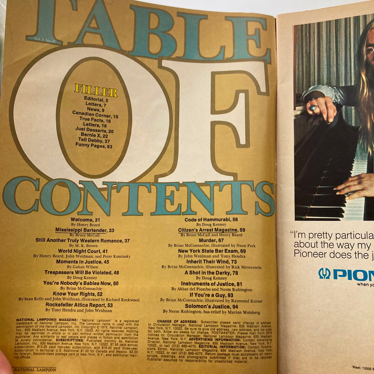 Interior page of VTG National Lampoon Magazine August 1975 displaying the Table of Contents with article titles including 'Mississippi Bartender' and other features from the issue.