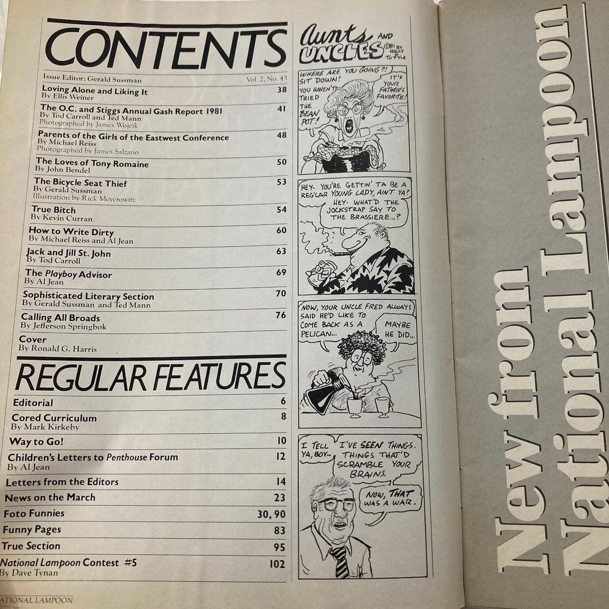 Interior contents page of National Lampoon Magazine February 1982, detailing various articles and features, reflecting the magazine's unique comedic style.