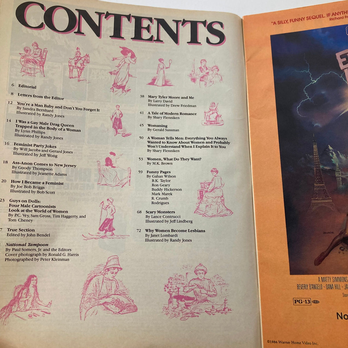 Interior page of the Vintage National Lampoon Magazine March 1986 Edition showcasing the table of contents with a list of articles and illustrations.