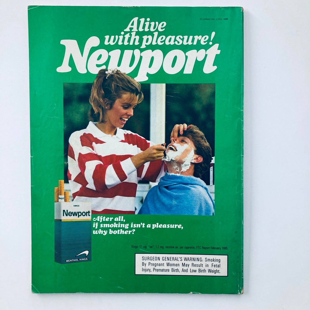 Back cover of a Newport advertisement magazine from February 1985 highlighting a leisure theme with a playful image.