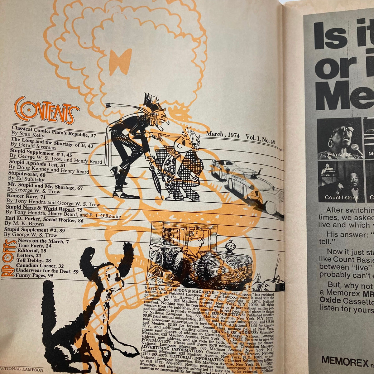 Inside page of Vtg National Lampoon Magazine March 1974 displaying the contents page with graphic illustrations and articles listed, capturing the magazine's quirky humor.