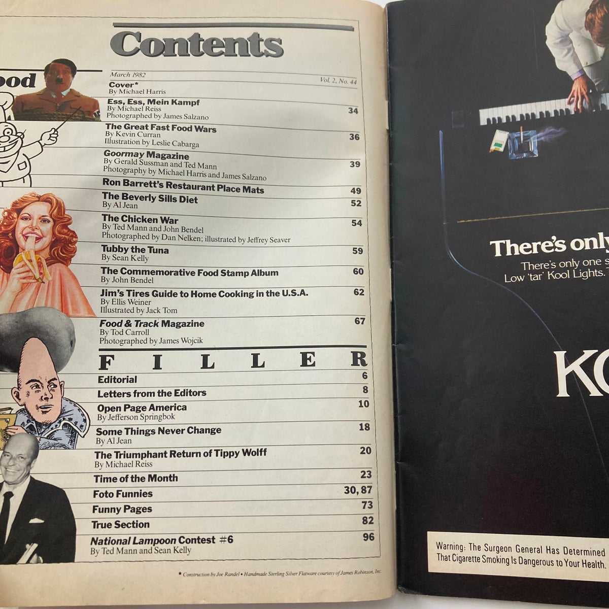 Contents page of Vtg National Lampoon Magazine March 1982 Vol 2 No 44 highlighting articles including 'The Great Fast Food Wars' and other comedic features.