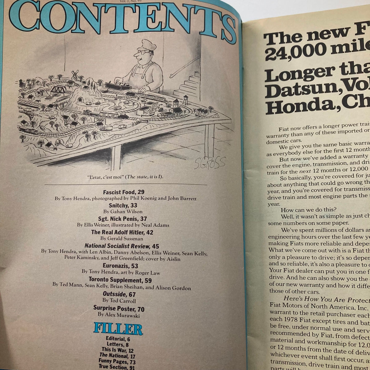Contents page of the February 1978 National Lampoon Magazine, Volume 1, Number 95, featuring a humorous overview of articles including 'The Real Adolf Hitler,' 'Fascist Food,' and more, showcasing the magazine's iconic satirical style.