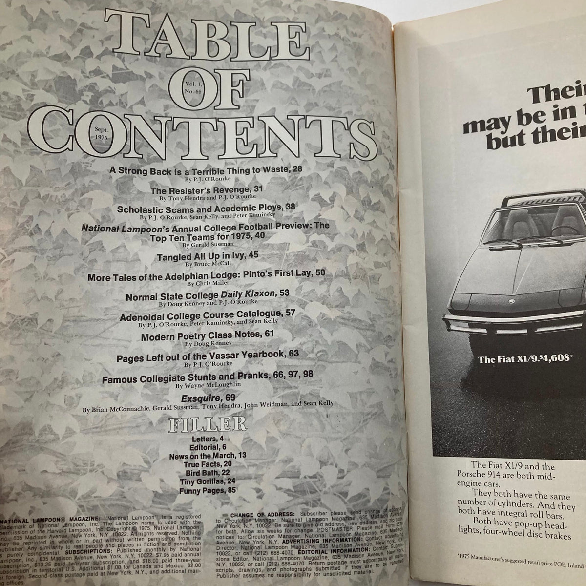 Vintage National Lampoon Magazine September 1975 table of contents showcasing various articles including Modern Poetry Class Notes.