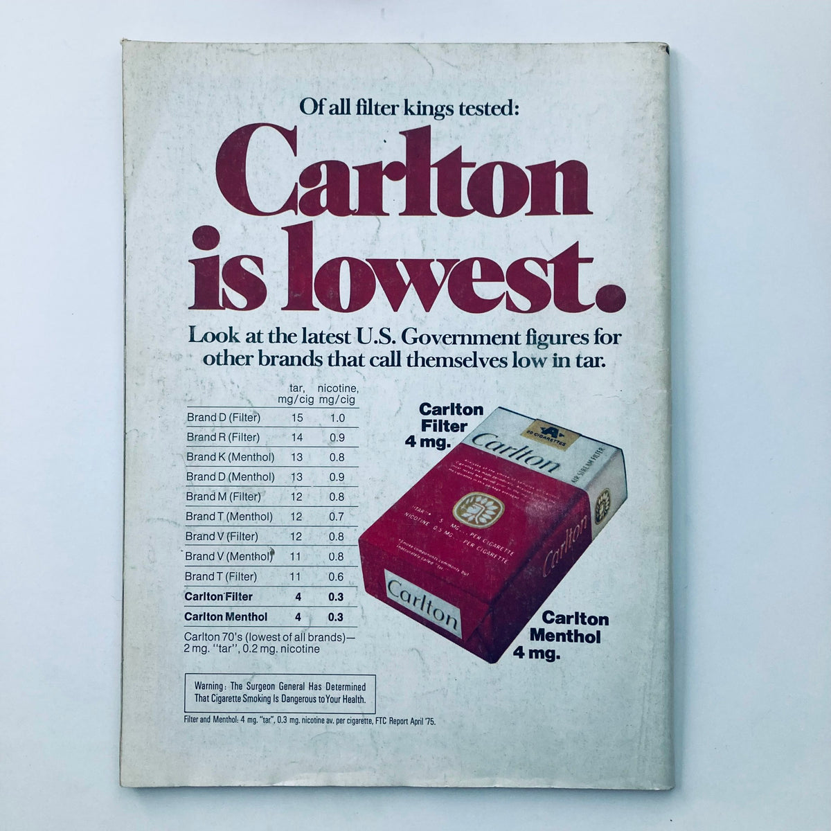 Vintage National Lampoon Magazine September 1975, featuring an advertisement for Carlton cigarettes highlighting nicotine and tar levels with a focus on Carlton Filter and Carlton Menthol.