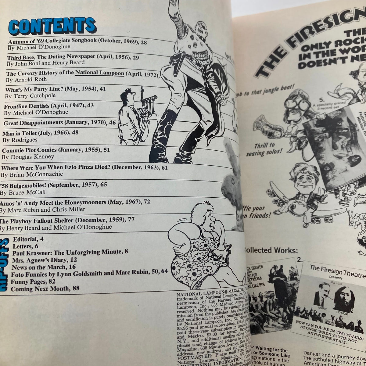 Interior page of the Vintage National Lampoon Magazine April 1972, displaying the table of contents and humorous illustrations.