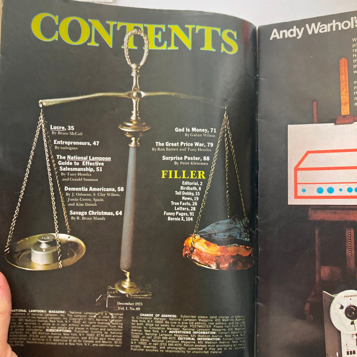 Contents page of the Vintage National Lampoon Magazine December 1975, detailing articles including 'Dementia Americana' and 'The Great Price War'.