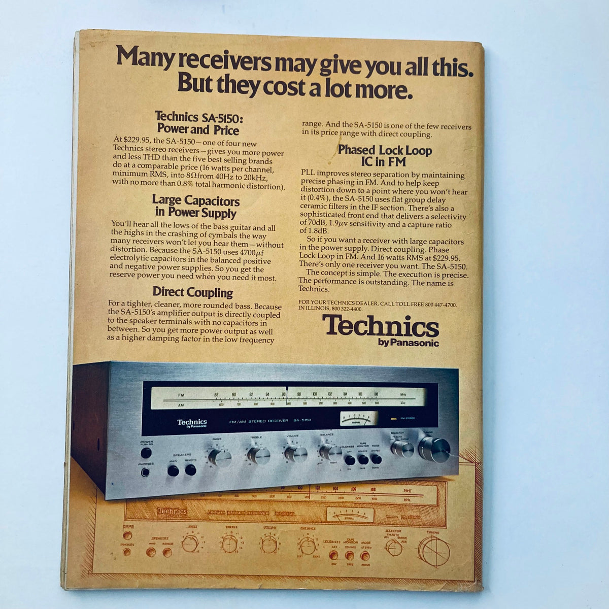 Back cover of the Vintage National Lampoon Magazine December 1975 displaying an advertisement for Technics SA-5150 stereo receiver, highlighting its features in vintage design.