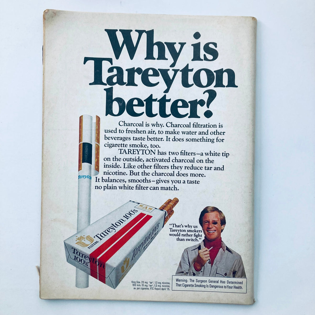 Vtg National Lampoon Magazine January 1976 featuring ad for Tareyton cigarettes emphasizing charcoal filtration and taste, with a smiling man endorsing the product.