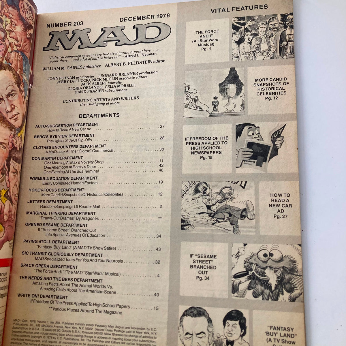 Table of contents page from Mad Magazine December 1978 No. 203 outlining featured sections like 'The Force and I' and articles on celebrities and humor.