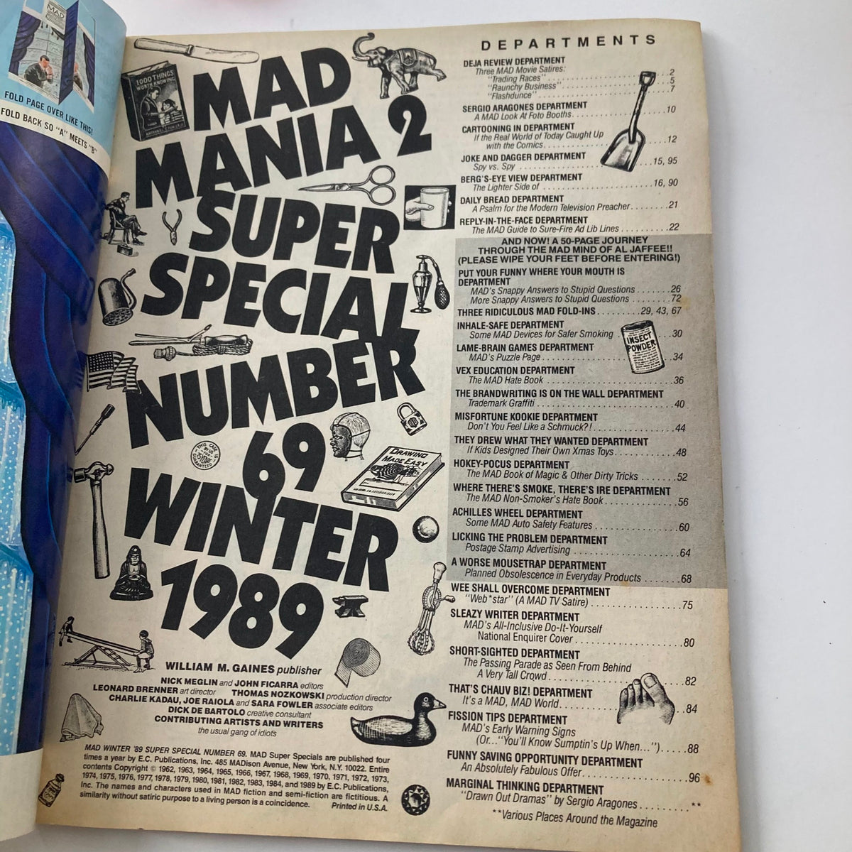 Interior page of Mad Magazine Winter 1989 Mania 2 showcasing the table of contents for various comic sections and features.