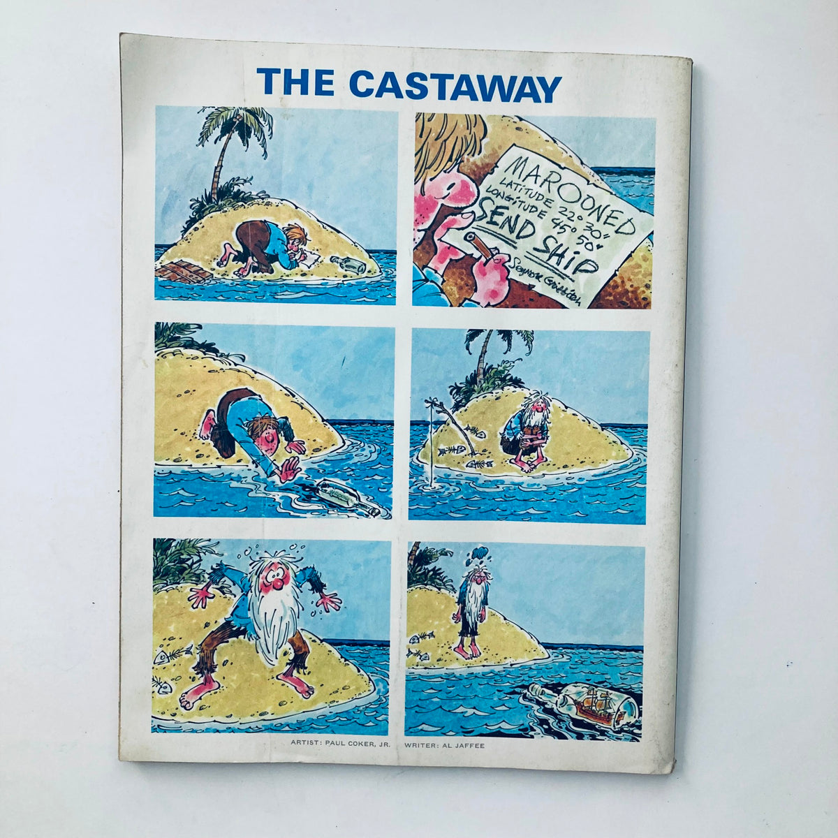Comics page titled 'The Castaway' from Mad Magazine Winter 1989 Mania 2, illustrating humorous scenes crafted by Al Jaffee.
