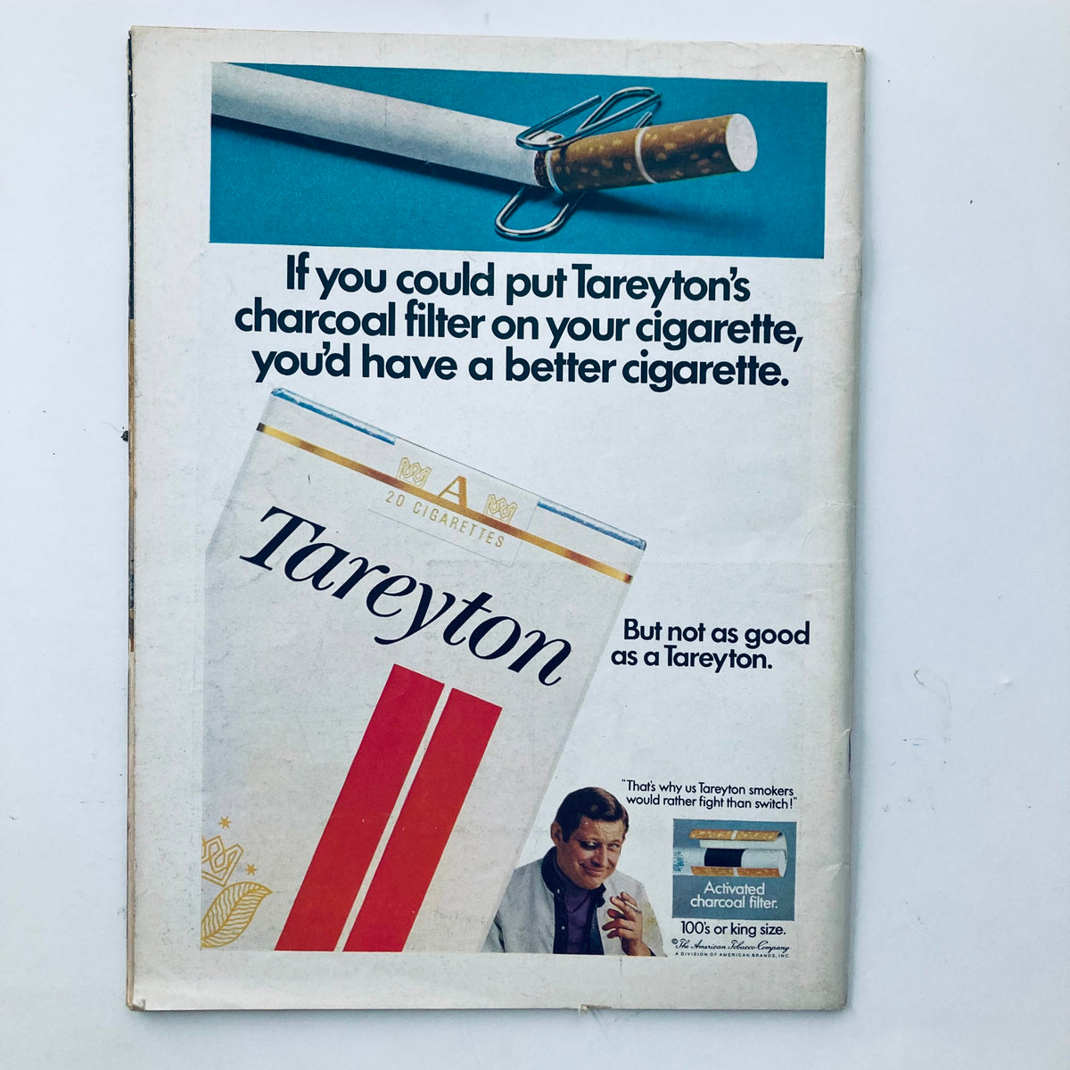 Back cover of the VTG Time Magazine August 8 1969 showcasing an advertisement for Tareyton cigarettes, highlighting their charcoal filter.