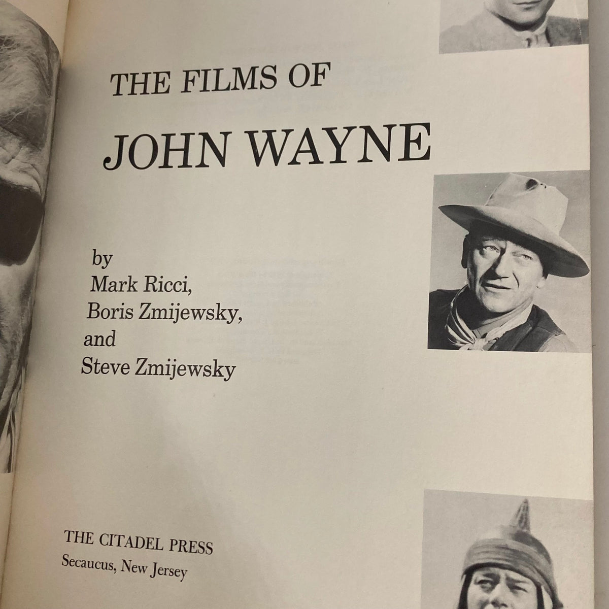 Title page of VTG 1976 The Films of John Wayne by Mark Ricci, Boris & Steve Zmijewsky, featuring authors' names and the publisher, The Citadel Press.