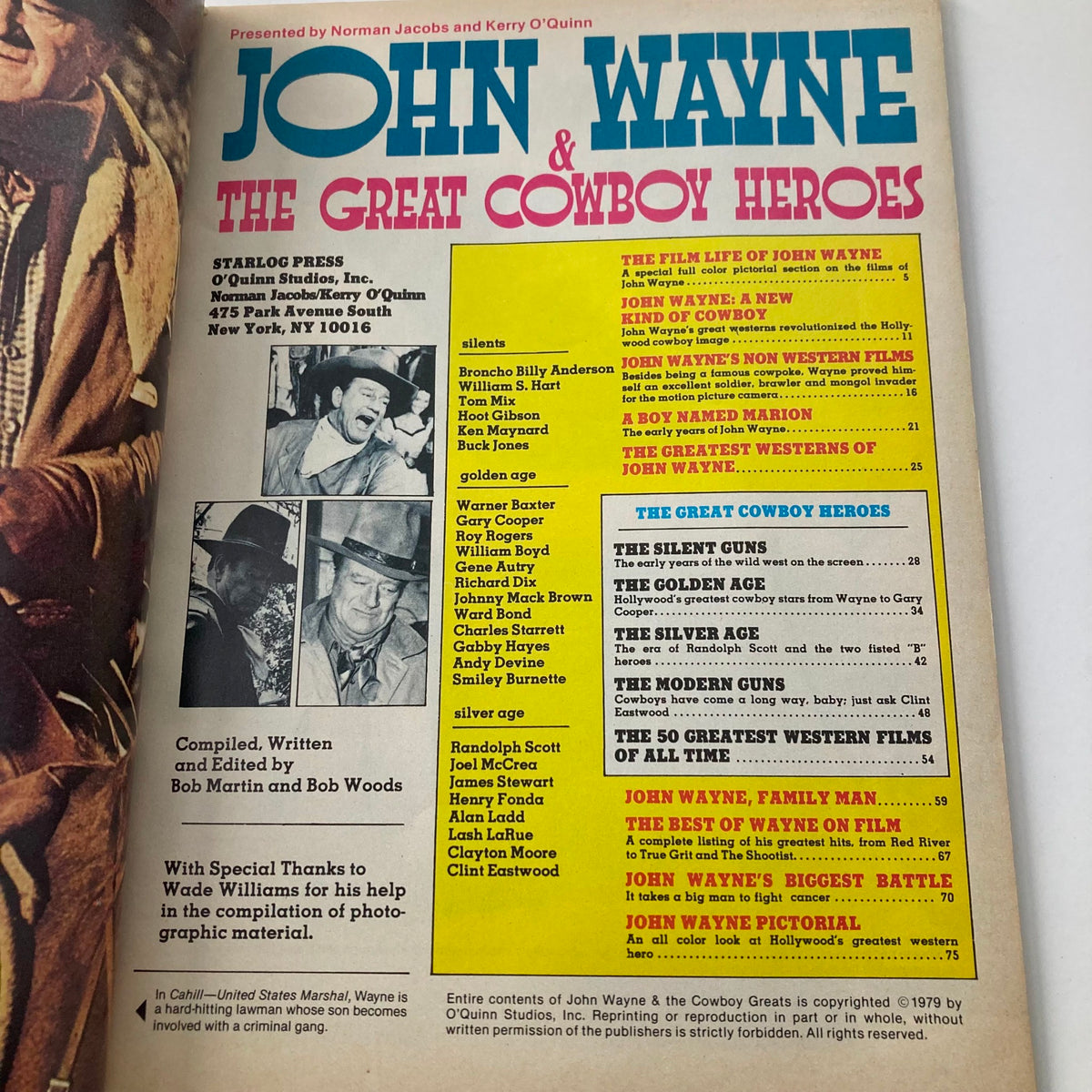 Inside page of the VTG 1979 John Wayne and The Great Cowboy Heroes magazine, detailing the contributions of various artists and a compilation of photographs from Western films.