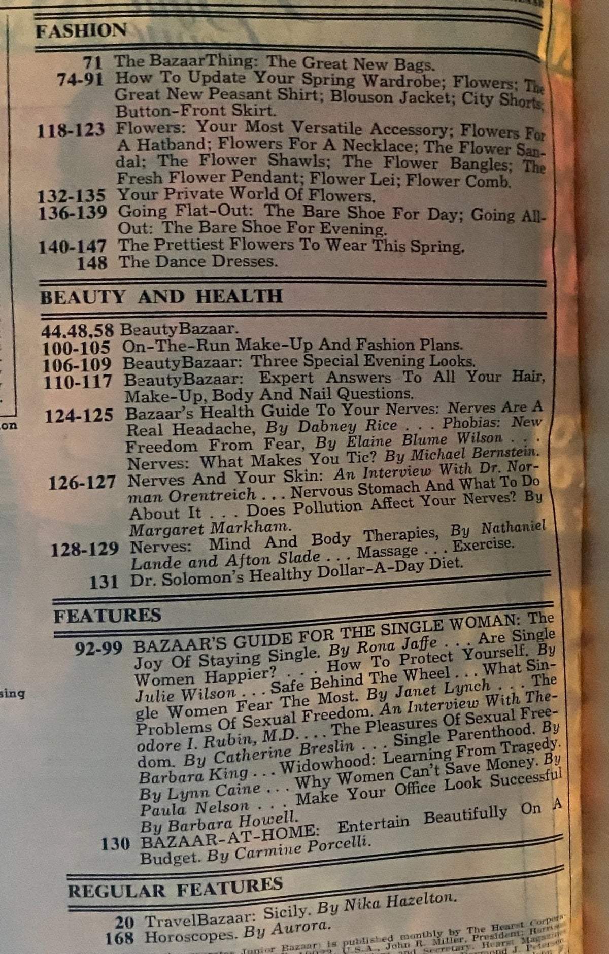 Table of contents from Harper's Bazaar Magazine March 1977, listing features on fashion, beauty, and health updates important for the 1970s.