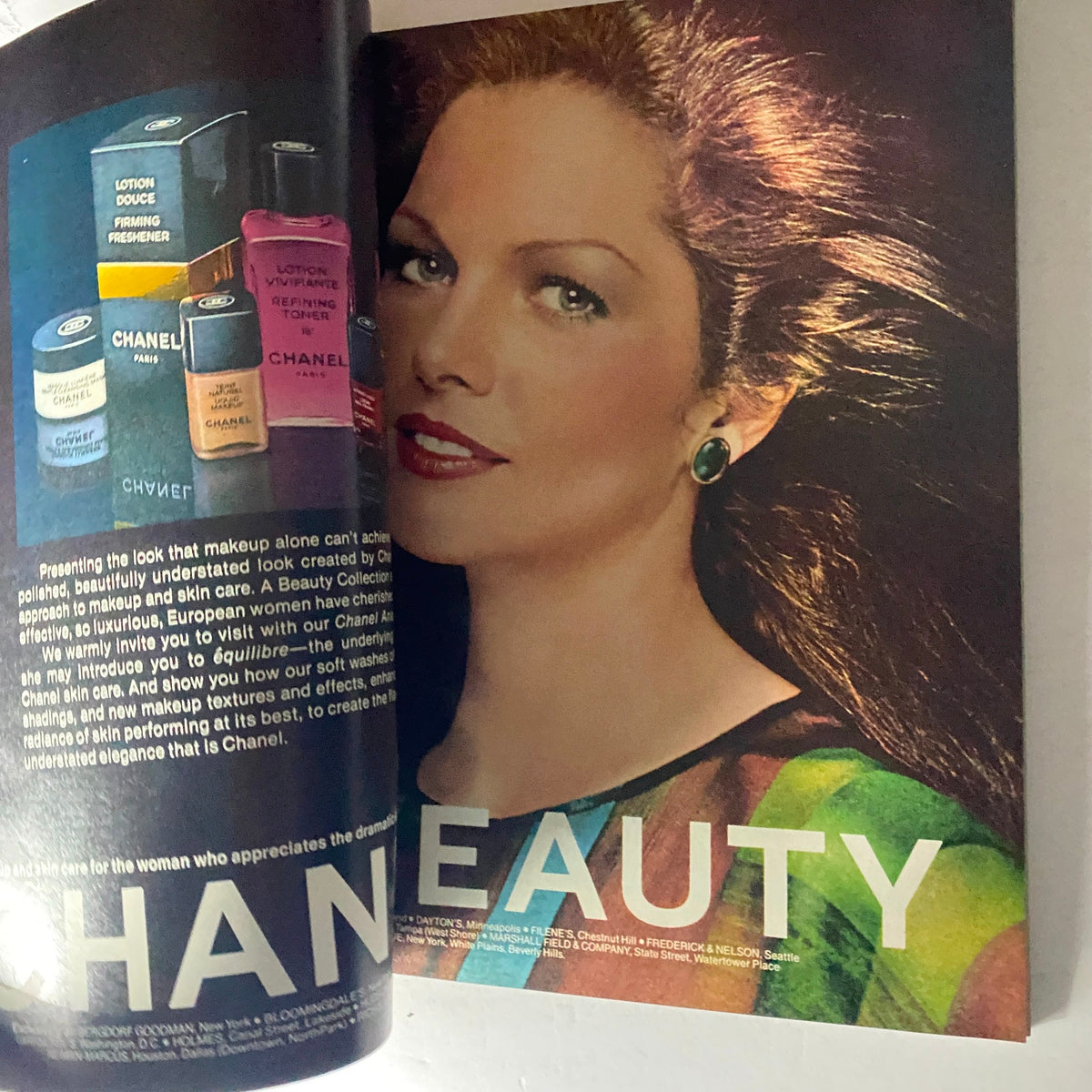 Vintage advertisement from Harper's Bazaar November 1977 featuring Chanel beauty products alongside a model showcasing makeup, highlighting the brand's elegance and sophisticated approach to skincare.