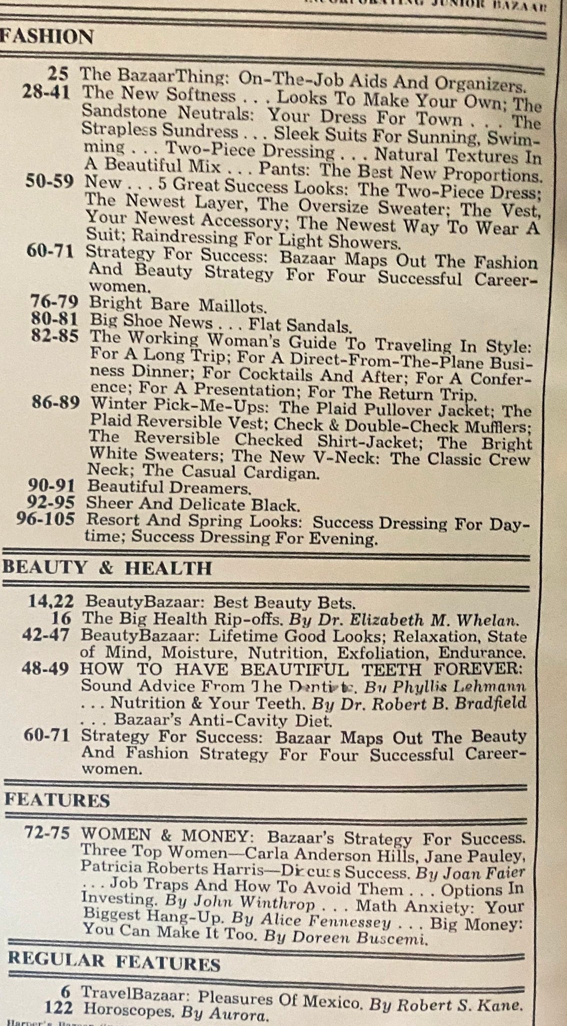 Table of contents featuring fashion and beauty articles in Harper's Bazaar Magazine January 1978 Cristina Ferrare Cover VG.